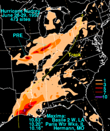 Colored contoured map showing rainfall amounts as separate filled in contours. Reds and purples indicate higher rainfall totals, and yellower shades indicate lower rainfall totals. The path the storm took is indicated as a yellow line.