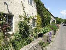 A row of whitewashed buildings on the left with climbing plants. Small flower filled gardens separate them from a stone wall fronting a road.