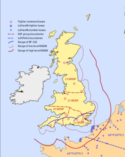 A map of Great Britain showing the range of its radar. The ranges reach out into the North Sea, English Channel and over northern France