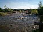 A midsized river flowing through shrub land