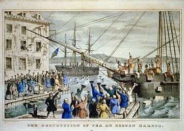 Two ships in a harbor, one in the distance. On board, men stripped to the waist and wearing feathers in their hair are throwing crates into the water. A large crowd, mostly men, is standing on the dock, waving hats and cheering. A few people wave their hats from windows in a nearby building.