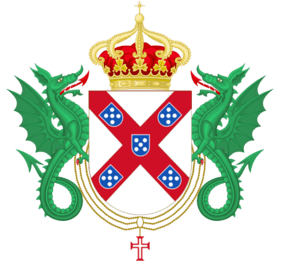 Crowned coat of arms of the house of Braganza supported by 2 dragons