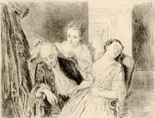 Interior scene of an older man and younger woman sitting next to each other asleep, as an older woman covers the man's head.