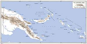 A map of eastern New Guinea, the Bismarck Archipelago and Solomon Islands with towns and elevations marked