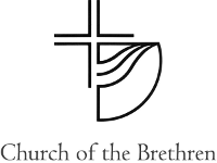 A cross with branches of equal size made up of two parallel lines with the bottom-left corner dovetailing into a wave that connects as part of a circle: The words "Church of the Brethren" are written below.