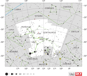 Diagram showing star positions and boundaries of the Centaurusconstellation and its surroundings