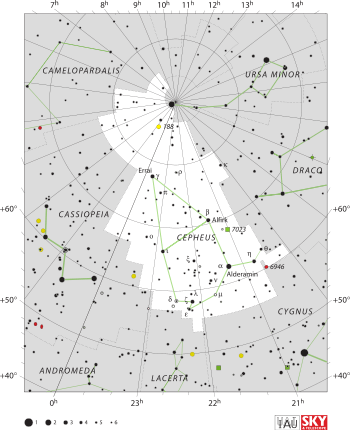 Diagram showing star positions and boundaries of the Cepheus constellation and its surroundings