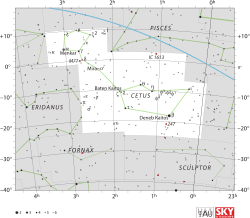 Diagram showing star positions and boundaries of the Cetus constellation and its surroundings