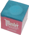 A cube of blue chalk with a paper wrapper on all sides but one; a rounded indentation appears at the top where a cue would be chalked