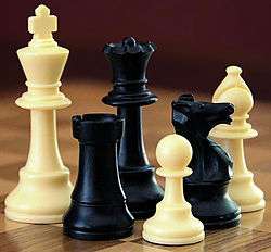 Photo shows the six types of chess pieces in the Staunton style.