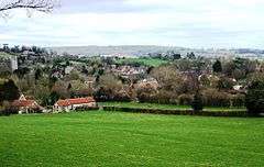 multiple buildings with red and grey roofs nestled amongst trees. Church tower to the left. Foreground is grassy fields and hedgerows. Background is hills.