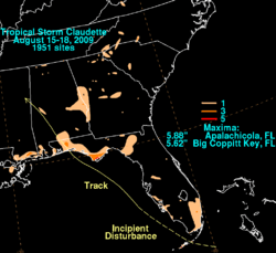 Map of the southern United States detailing the rainfall totals from a tropical storm. The heaviest totals, denoted in orange coloring, are located over northern Florida.