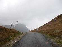 A mountain road with grass on each side.