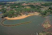 A swimming area on a lake