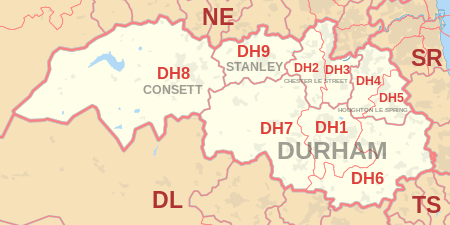 DH postcode area map, showing postcode districts, post towns and neighbouring postcode areas.