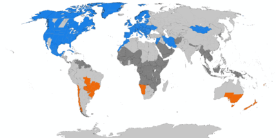 World map. Europe, most of North America, parts of southern South America and southeastern Australia, and a few other places use DST. Most of equatorial Africa and a few other places near the equator have never used DST. The rest of the landmass is marked as formerly using DST.