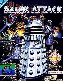 An illustrated cover shows a silver Dalek firing its energy weapon, which appears as a blue-grey beam extending from the shorter of the two central protruding rods. The words "DALEK ATTACK" are in jagged silver letters across the upper part of the image. The background of the image shows the skyscrapers of an urban skyline; surrounding the Dalek (clockwise, from upper right) are: a tyrannosaurus (standing on a building's roof); a hulking simian humanoid figure holding a gun; a blue police box; the multicoloured diamond Doctor Who logo; a superimposed banner with the flags of the United Kingdom, Germany, France, Spain and Italy; a crumpled sign reading "I LOVE NEW YORK"; a logo reading "ADMIRAL SOFTWARE"; a figure with a Dalek base and a wizened, humanoid torso and head; the Statue of Liberty, broken and fallen at an angle; and a red Dalek flying on a disc and shooting its energy weapon.