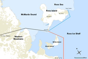  The routes of the expedition's main journeys are shown by differentiated lines emanating from the base at Hut Point.