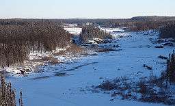 A frozen river winds through a snowy forest.