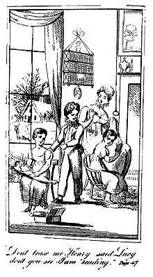 Black-and-white illustration showing two girls and a boy in a domestic setting. One girl is reading and another is playing with a doll while the boy is bothering them. Their mother looks on.