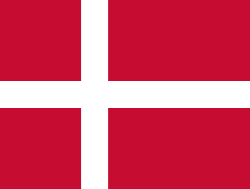 Red with a white cross that extends to the edges of the flag; the vertical part of the cross is shifted to the hoist side