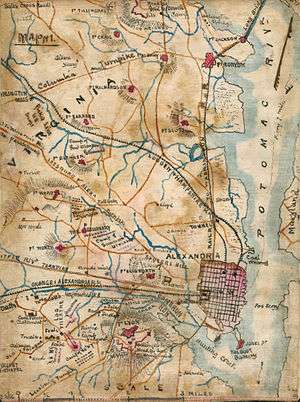 Hand-drawn map of part of Virginia with Potomac river on right. It shows railroads and Civil War forts.