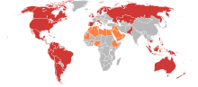 World map, with countries carrying terrestrial FNC in red and satellite providers in orange