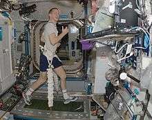 Astronaut Frank De Winne is attached to the TVIS treadmill with bungee cords aboard the International Space Station