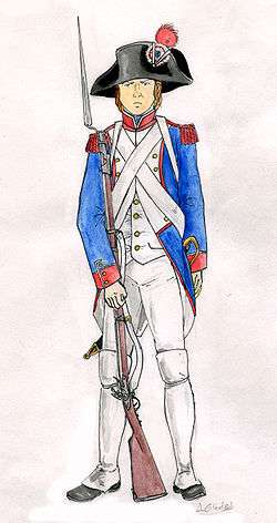 A French fusilier carries his long muzzled musket. He wears a blue jacket and white shirt and trousers; his cartridge belt is strapped across his chest and he wears a tricorn hat with a red revolutionary cockade.