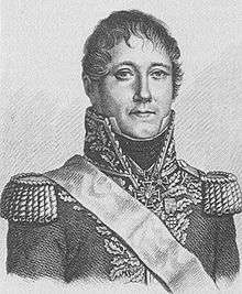 Print shows a grim-looking and hatless man with a possibly damaged right eye wearing a Napoleonic era French general's uniform, with dark coat, light-colored epaulettes and braid, and a high collar.