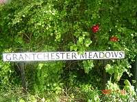 Road name sign in front of foliage