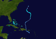 An image depicting the track of a weak and erratic tropical storm.