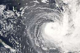 An image of a Tropical Cyclone to the east of Fiji. The Cyclone has a poorly defined eye with convection wrapping around the center