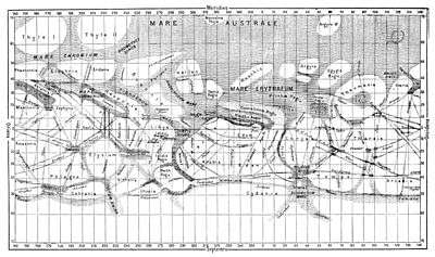 A cylindrical projection map of mars showing light and dark regions accompanied by various linear features. The major features are labelled.