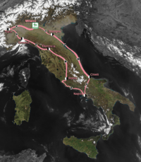 Map of Italy showing the path of the race, going clockwise from Milan down to Naples, then north back to Milan