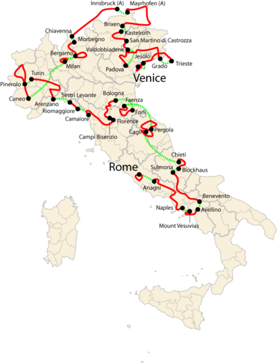 Map of Italy showing the path of the race, going counter-clockwise from Venice and crossing the border to pass through Austria and Switzerland, reaching Naples in the south of Italy before finishing in Rome