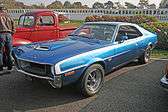 Shows a blue 1970 Javelin