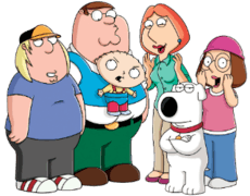 A group picture of a cartoon family, with a father, mother, son, daughter, baby and dog.