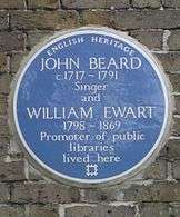 A Blue plaque on a brick wall with the words "John Beard C1717 - 1791 Singer and William Ewart 1798 - 1861 Promoter of Public Libraries