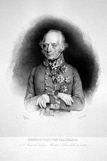 Print of elderly man in general's uniform with arms crossed