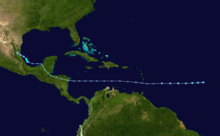 Track of a weak and disorganized tropical cyclone across the eastern Atlantic, Caribbean Sea, and Bay of Campeche