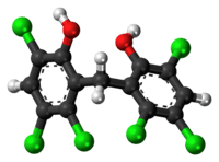 Ball-and-stick model of the hexachlorophene molecule