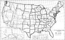 Map of United States with networks of triangles running roughly north-south and east-west across country; empty spaces several hundred miles wide in between