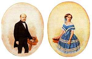 At left, a painting of a balding, mustachioed middle-aged man in black-tie formal attire standing beside a red table. At right, a painting of a woman in a blue dress with white stripes, standing beside a red table.