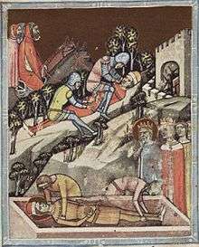 An elderly man and women, both wearing a crown, stand at a coffin; two serfs are putting a young man into the coffin