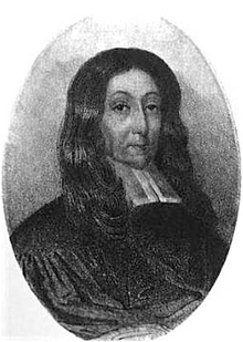 Sketch of a man with long flowing hair who is wearing the bib of a colonial-era minister.