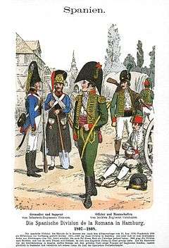 Print shows men in early 19th century military uniforms. The grenadier and sapper at the left belonging to the Princesa Line Infantry wear blue coats with fur hats. The officer and enlisted man at the right from the Catalonia Light Infantry wear green hussar-style jackets.