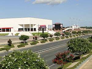 Montagne Center and Provost Umphrey Stadium in distance as seen from MLK Pkwy crosswalk