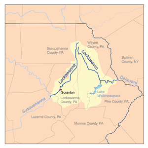 Map of northeastern Pennsylvania, with county borders indictated and the Lackawanna and Lackawaxen watersheds highlighted in yellow.