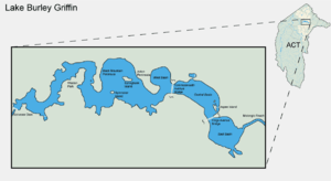 A map of the ACT with an inset into the centre of Canberra and the lake, with the various portions of the lake and islands labelled.